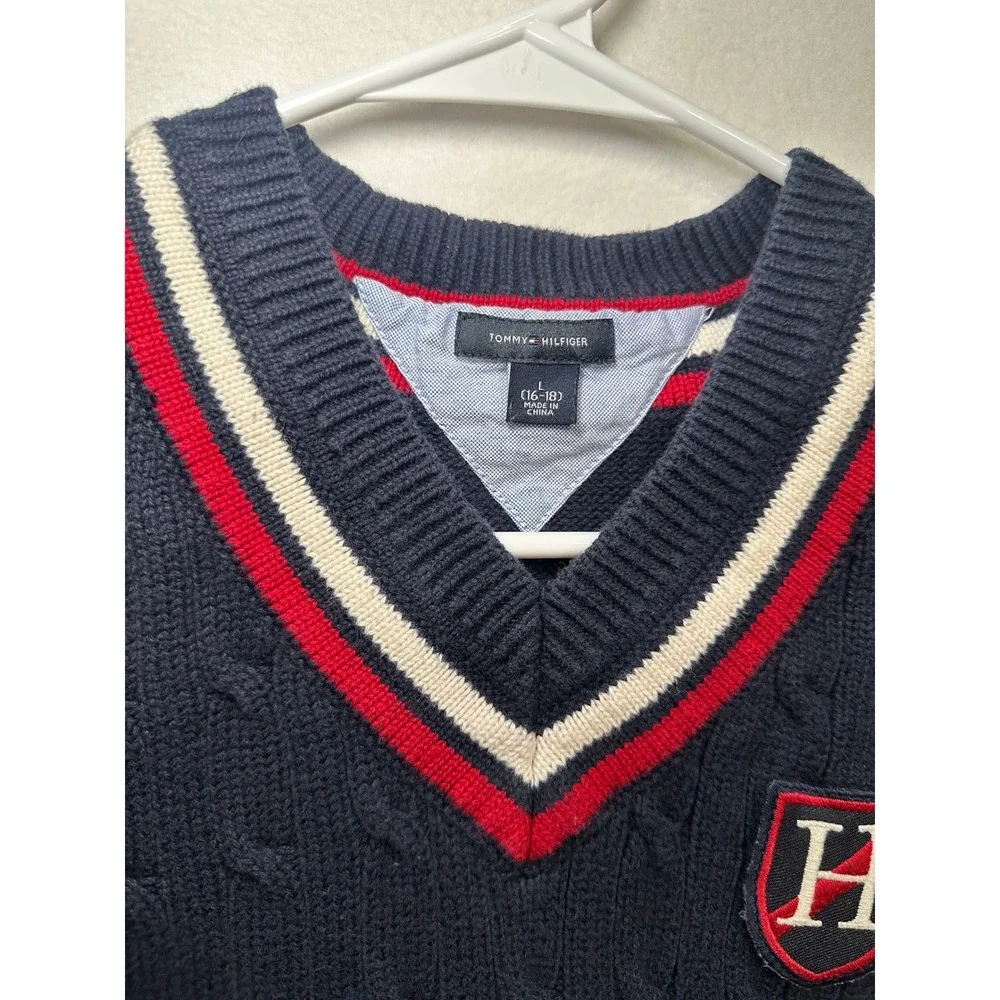 Tommy Hilfiger Boys Navy Cable Knit V-Neck Sweater Vest Striped‎ Trim Sz L 16-18